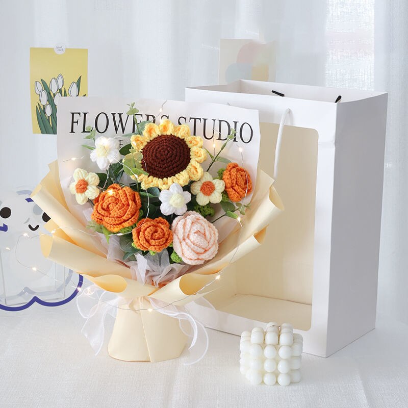 Knitting Flowers Rose Tulip Artificial Fake Flowers Bouquet Wedding Decoration Hand-woven Home Decorate Knit Fake Flower Gifts