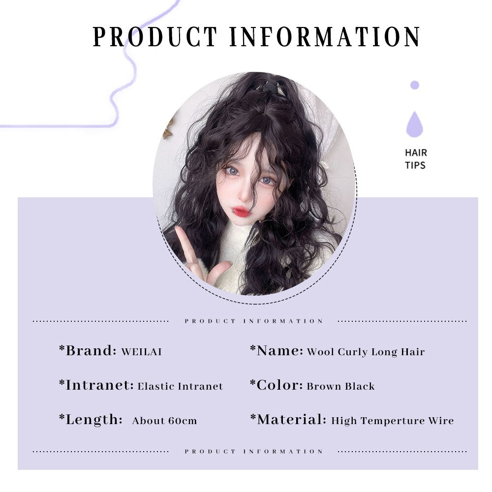 Brown Black Gold Wool Roll Synthetic Wig For Women Long Roll Wig Bangs Cosplay Party Heat Resistant Hair