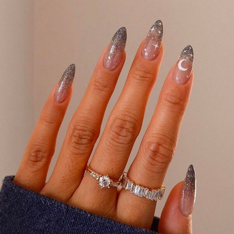 24pcs Almond Full Cover y2k black Sweet Fake Nails with glue cool Stiletto press on nails French artificial Nails With designs