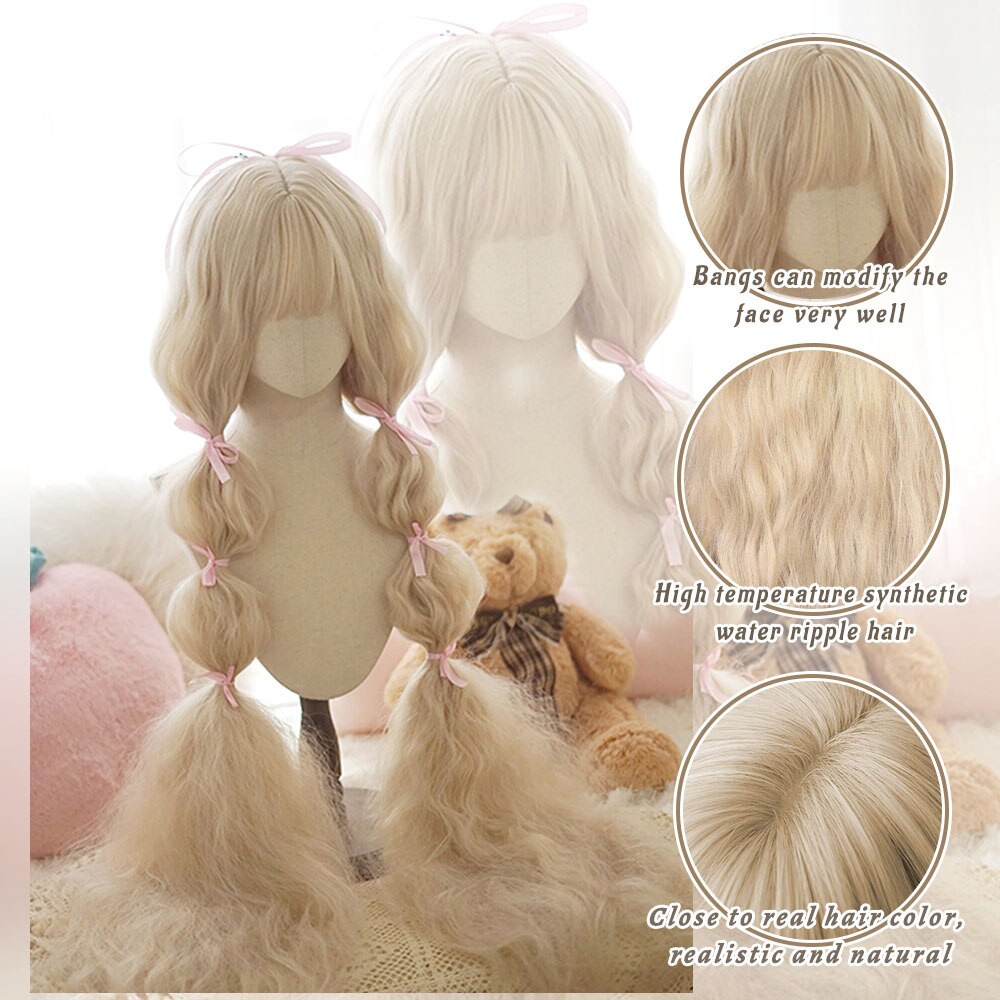 Extra Long Curly Hair with Bangs Cosplay Party Lolita Synthetic Wigs Heat Resistant Fiber