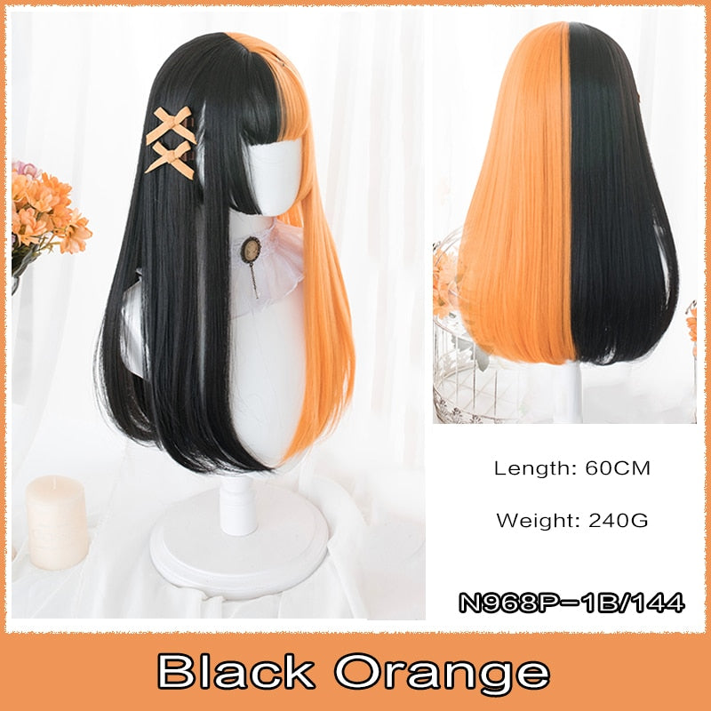 Cosplay Wig With Bangs Synthetic Straight Hair 24 Inch Long Heat-Resistant Pink Wig For Women