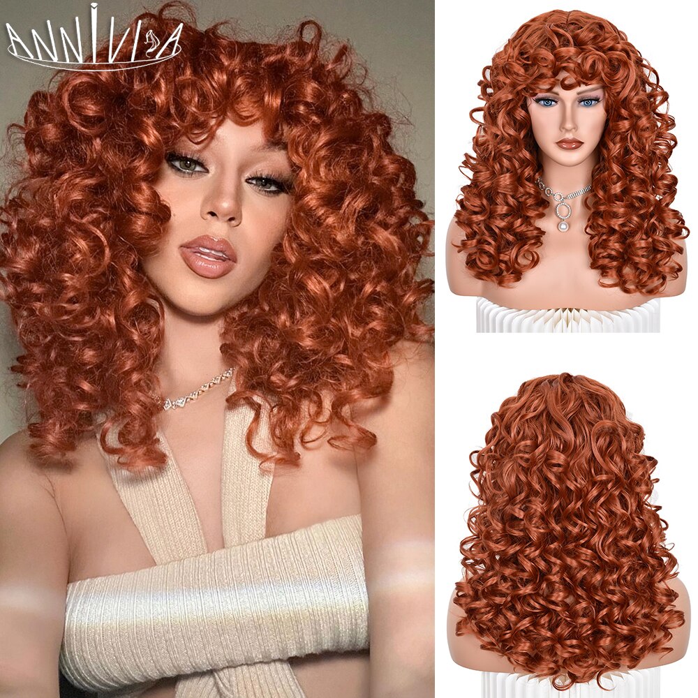 Red Brown Curly wigs with Bangs Natural Synthetic Long Wavy Wigs for Women Afro Cosplay Daily Heat Resistant Hair Wig