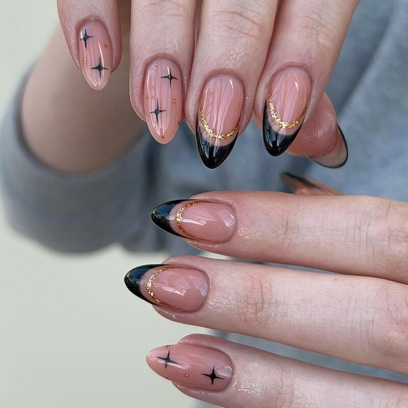 24pcs Almond Full Cover y2k black Sweet Fake Nails with glue cool Stiletto press on nails French artificial Nails With designs