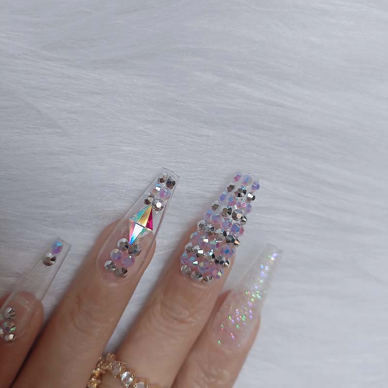 24pcs luxury jewelry long ballet coffin fake nails crystal diamond Transparent