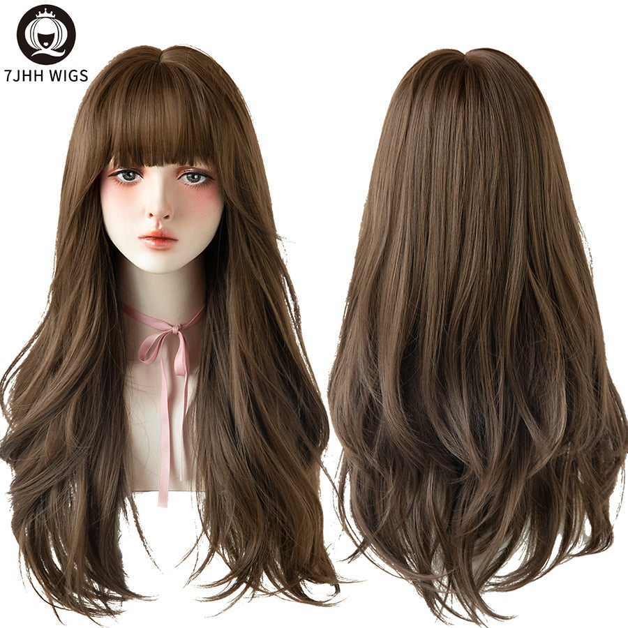 WIGS Brown Ash Long Deep Wave Hair Lolita Wigs With Bangs Synthetic Wig For Women Thick Curls Wigs