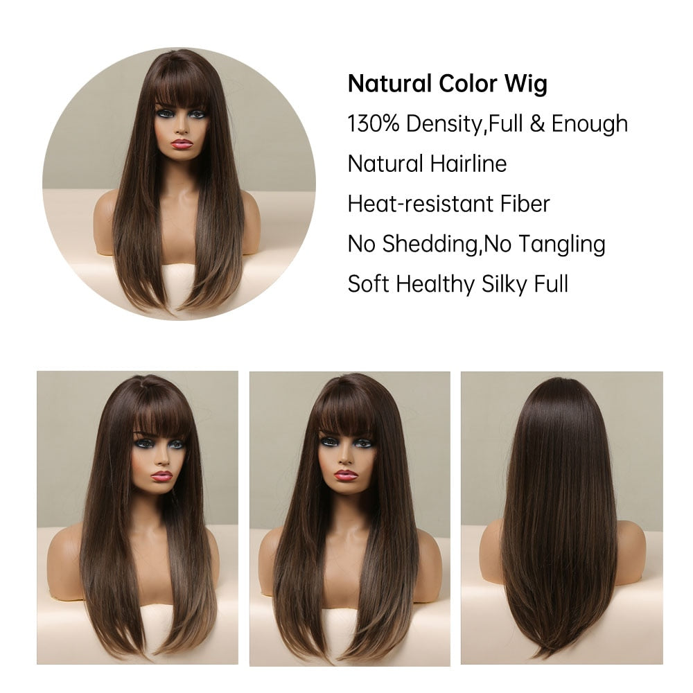 Long Straight Bangs Wigs Natural Ombre Dark Brown Synthetic Hair Wig for Women Daily Cosplay Party Heat Resistant Fiber