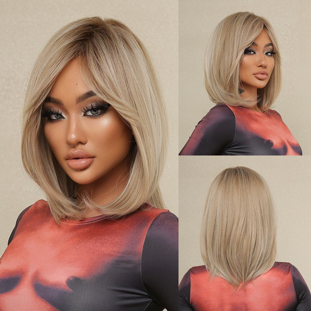 Purple Pink Ombre Black Short Straight Synthetic Wigs with Bangs Bob Wig for Women Daily Cosplay Party Heat Resistant Fake Hairs