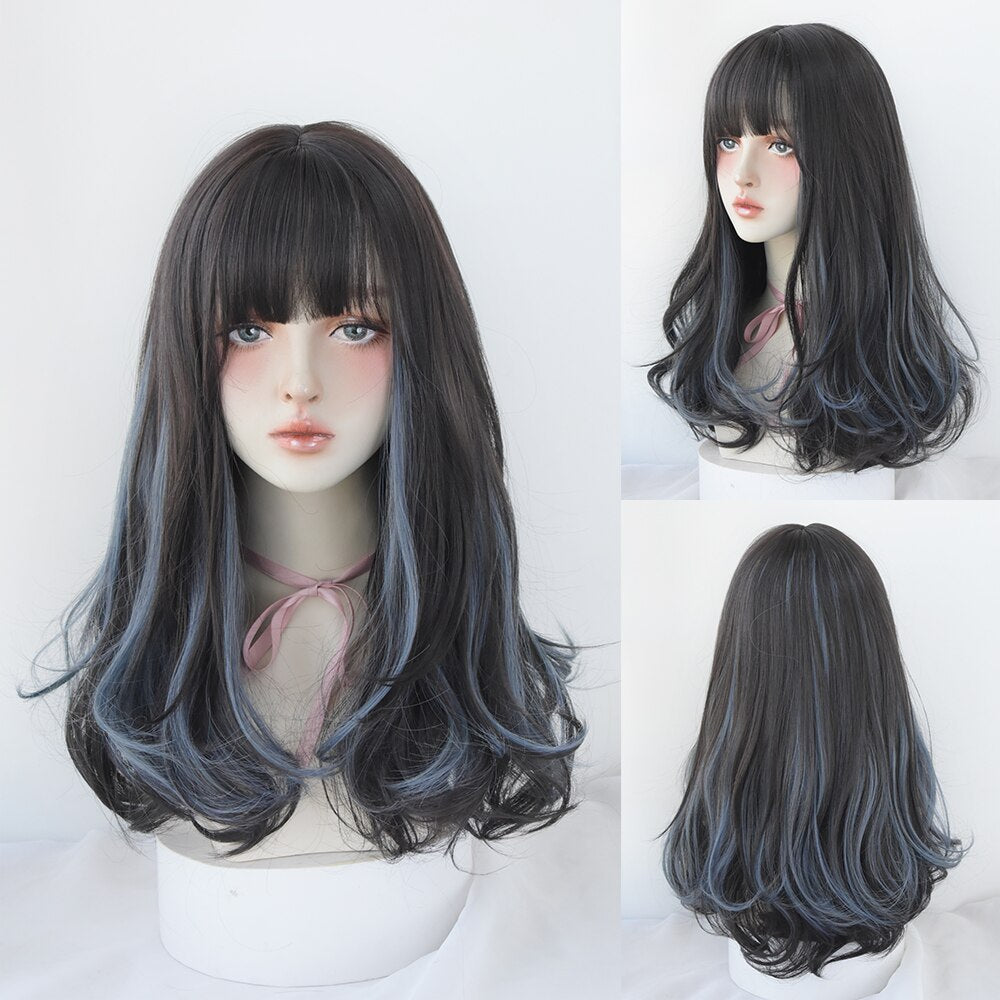 Long Curly Hair Women Wig with Bangs Daily Brown Black Pink Lolita Cosplay Braided Wigs Heat Resistant Fiber