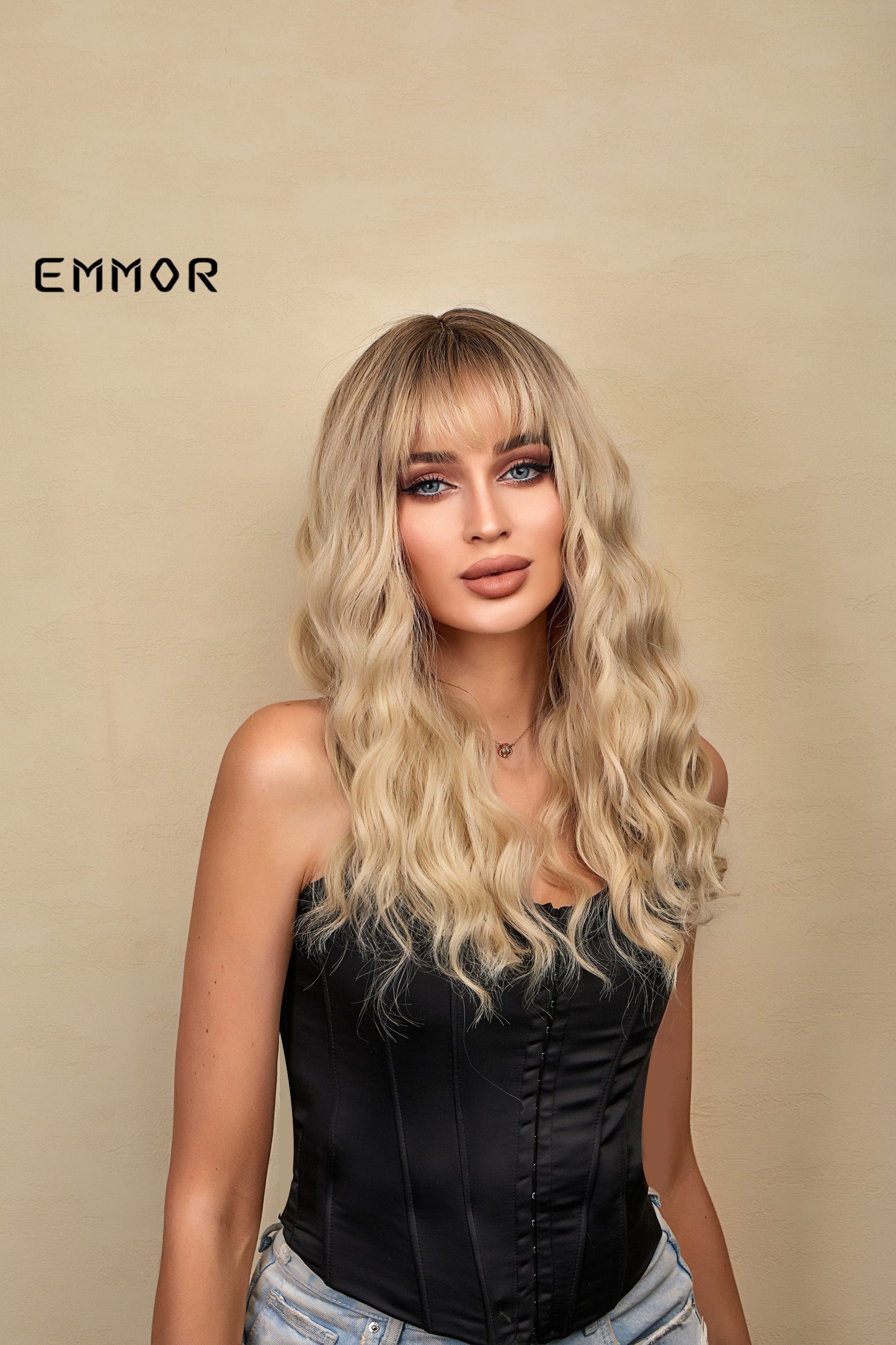 Synthetic Ombre brown to Light Blonde Hair Wig with Bangs Natural Wavy Wig for Women Cosplay Heat Resistant Fiber Wigs