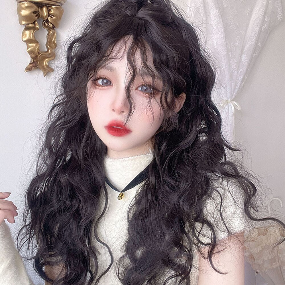 Brown Black Gold Wool Roll Synthetic Wig For Women Long Roll Wig Bangs Cosplay Party Heat Resistant Hair