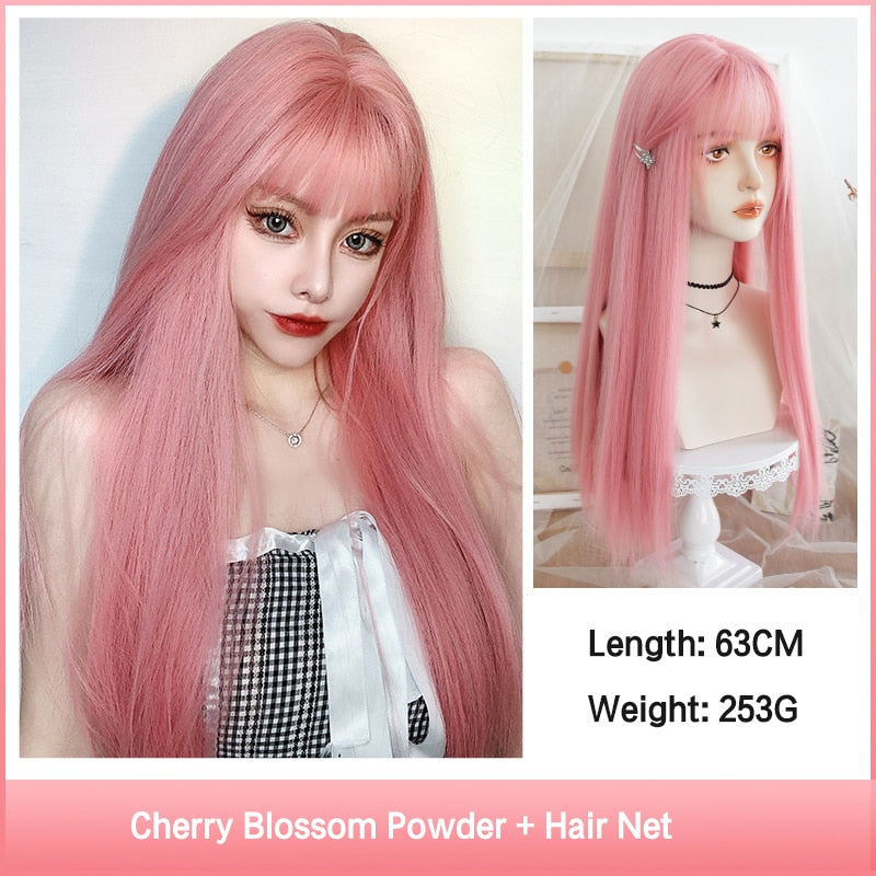 Cosplay Wig With Bangs Synthetic Straight Hair 24 Inch Long Heat-Resistant Pink Wig For Women