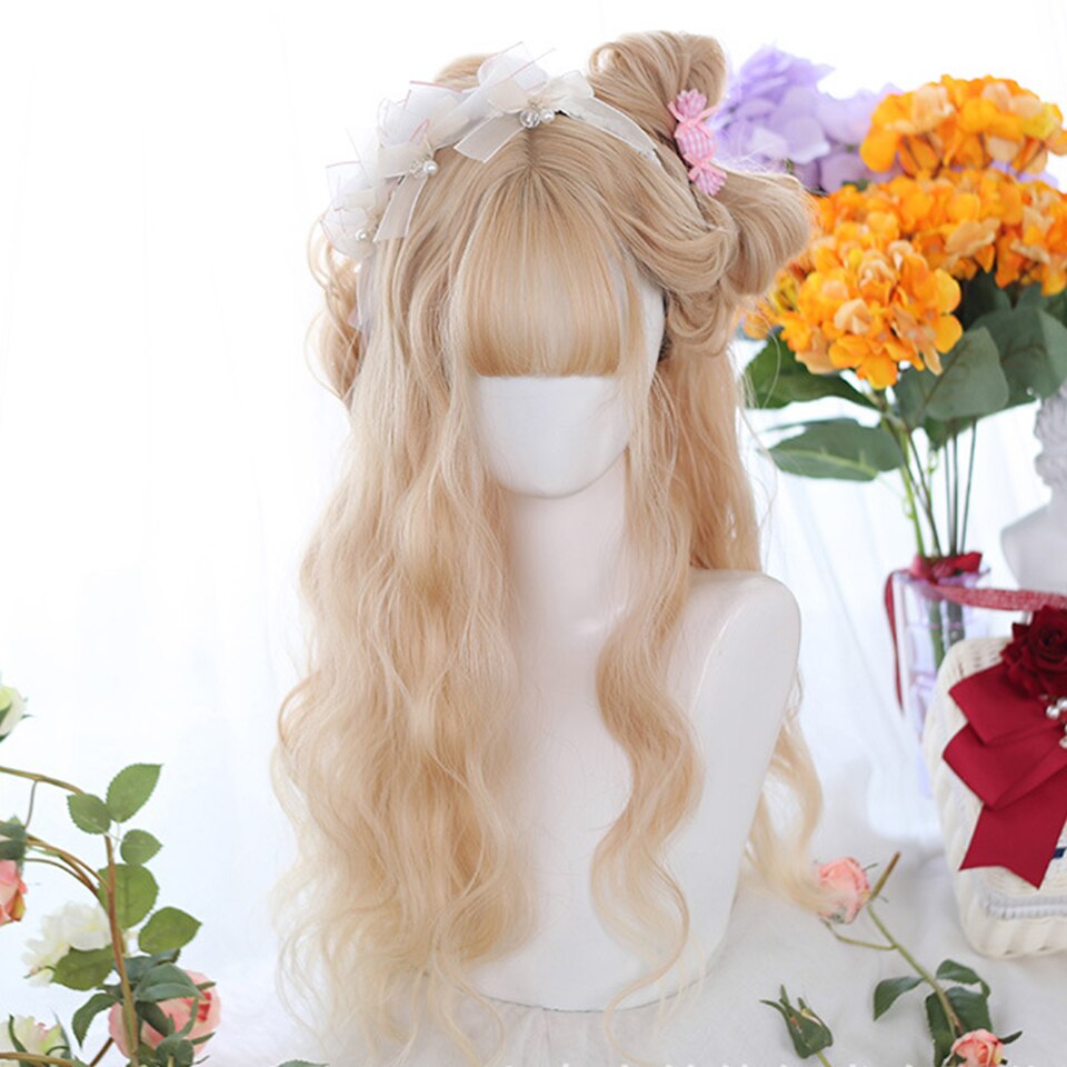 synthetic long curly hair wavy female golden gradient blue purple pink color wig cosplay Lolita wig high temperature