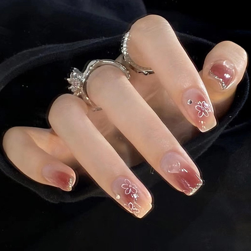 24pcs Butterfly decorated false nails Removable Long Paragraph Manicure fake nail tips full cover acrylic for girls nail