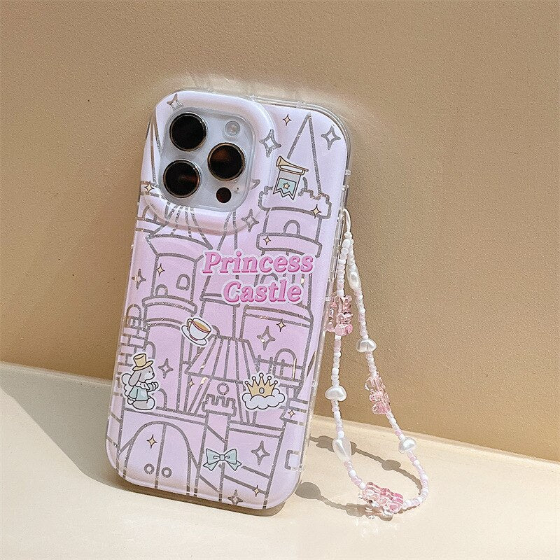 Retro glitter Pink castle Cartoon Bracelet Phone Case For iPhone 14 13 12 11 Pro Max Xr Xs 8 14 Plus Case Cute Sweet girls Cover