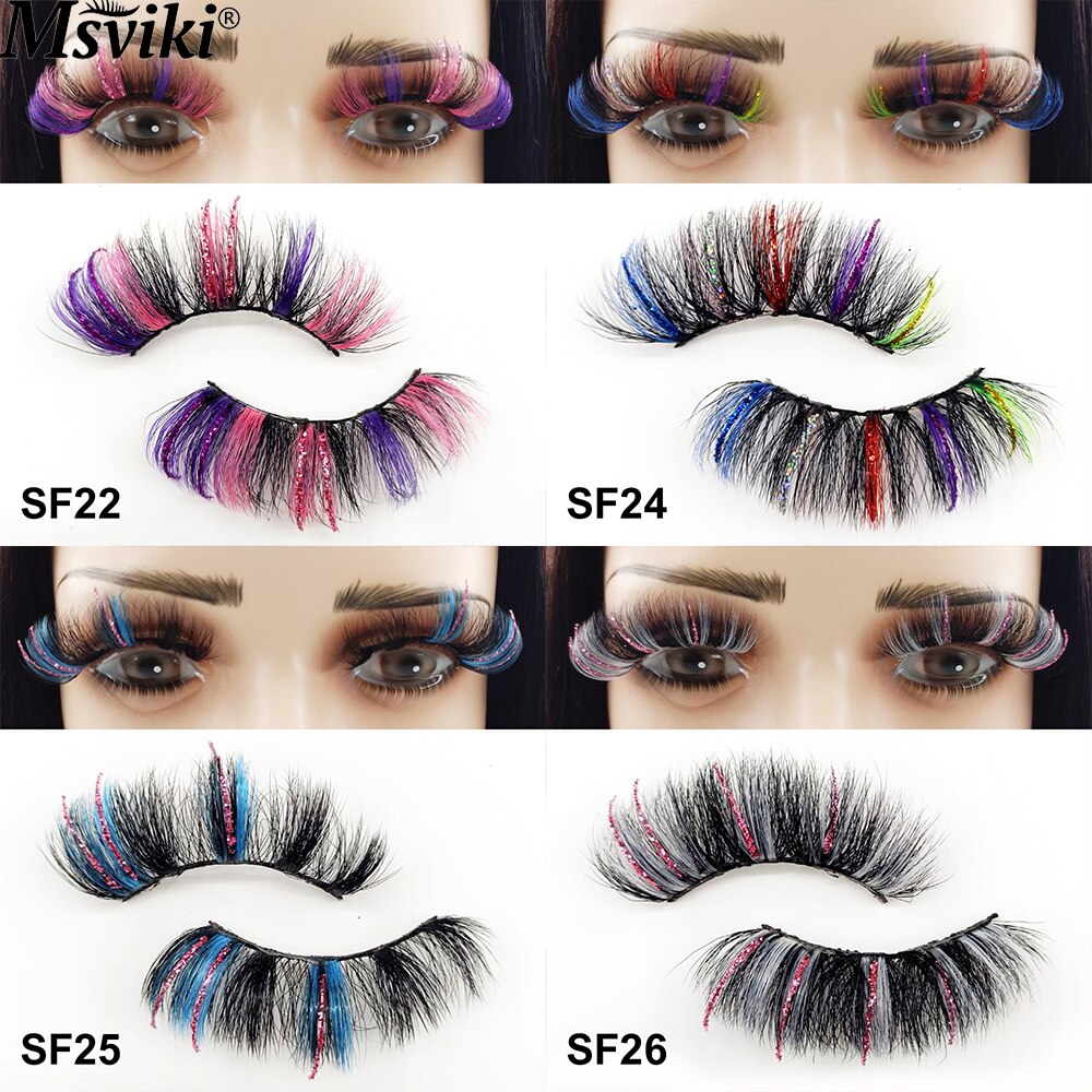 5D Fluffy 18-22MM Glitter Mink Lashes 1 Pair Party Colored Mink Eyelashes Box Package Rainbow Pink White Fake Eyelashes