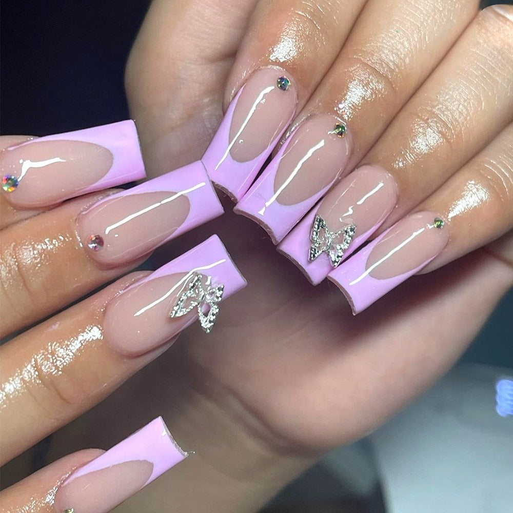Long Ballet False Nails French With Rhinestones Artificial Handmade coffin Fake Nails Manicure Press on Nail Seamless Removable