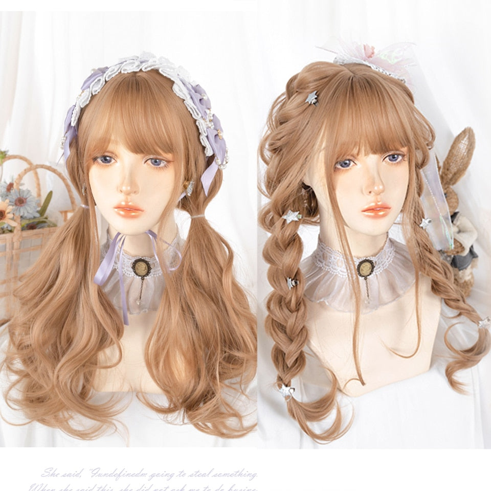 Synthetic long wavy curly hair female cold brown black cosplay Lolita pink purple blue wig heat-resistant bangs