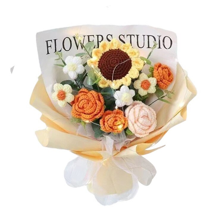 Finished Product Knitting Flowers Rose Tulip Fake Flowers Bouquet Wedding Decoration Hand-woven Home Decorate Knit Flower Gifts