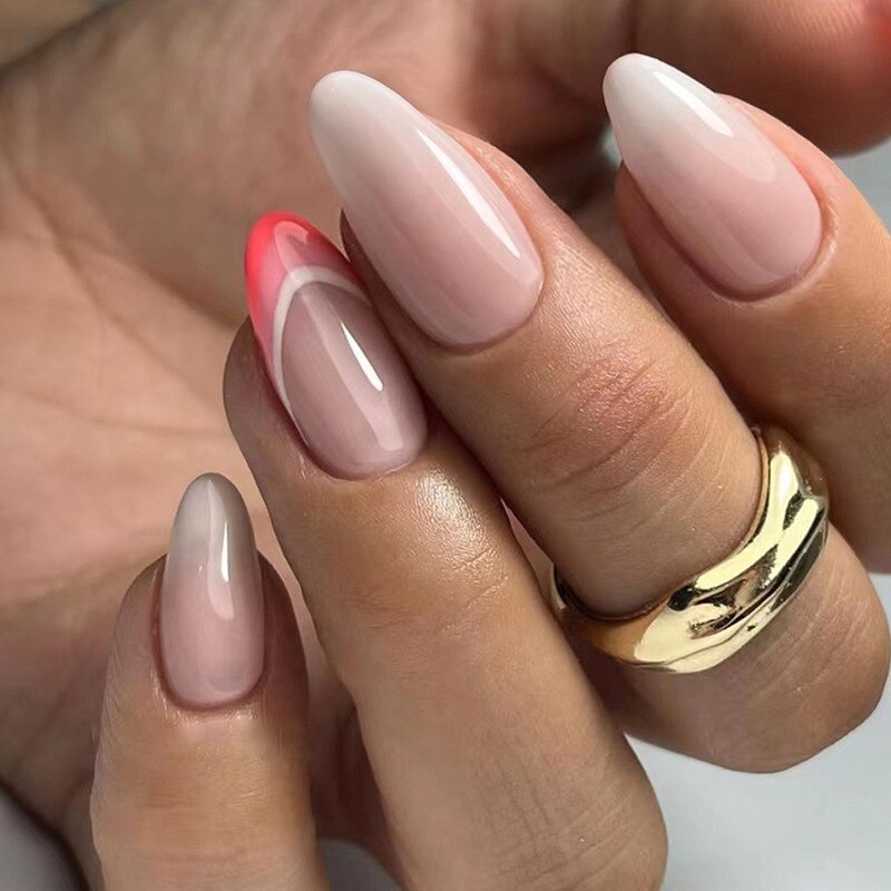 24pcs pink clouds design false nails with glue press on nails medium length acrylic nails coffin full cover nails tips supplies
