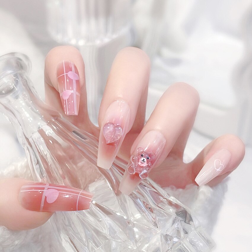 24pcs Butterfly decorated false nails Removable Long Paragraph Manicure fake nail tips full cover acrylic for girls nail