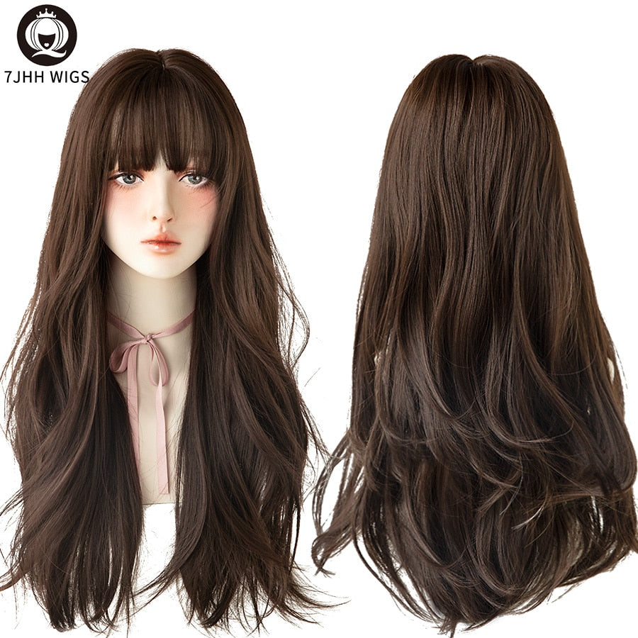 WIGS Brown Ash Long Deep Wave Hair Lolita Wigs With Bangs Synthetic Wig For Women Thick Curls Wigs