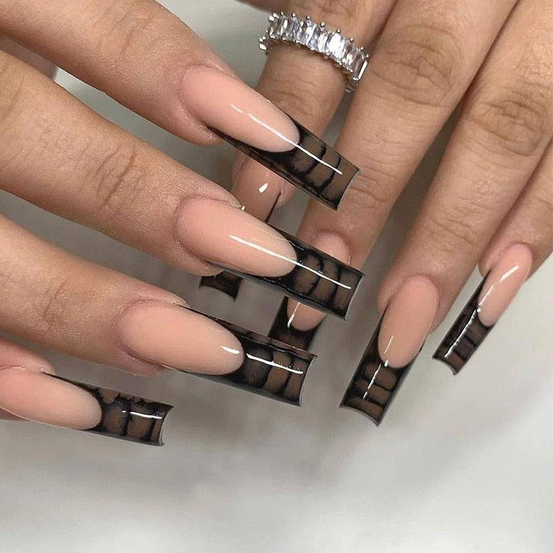 24Pcs Wearable False Nails with glue Long Ballerina Pink Press On Nails French Full Cover Coffin Fake Nails tip with rhinestones