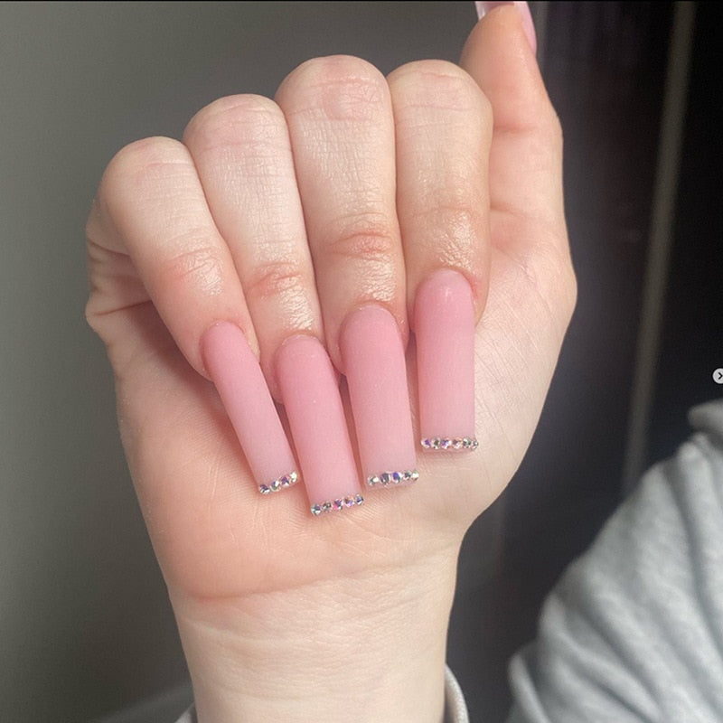 24Pcs Wearable False Nails with glue Long Ballerina Pink Press On Nails French Full Cover Coffin Fake Nails tip with rhinestones