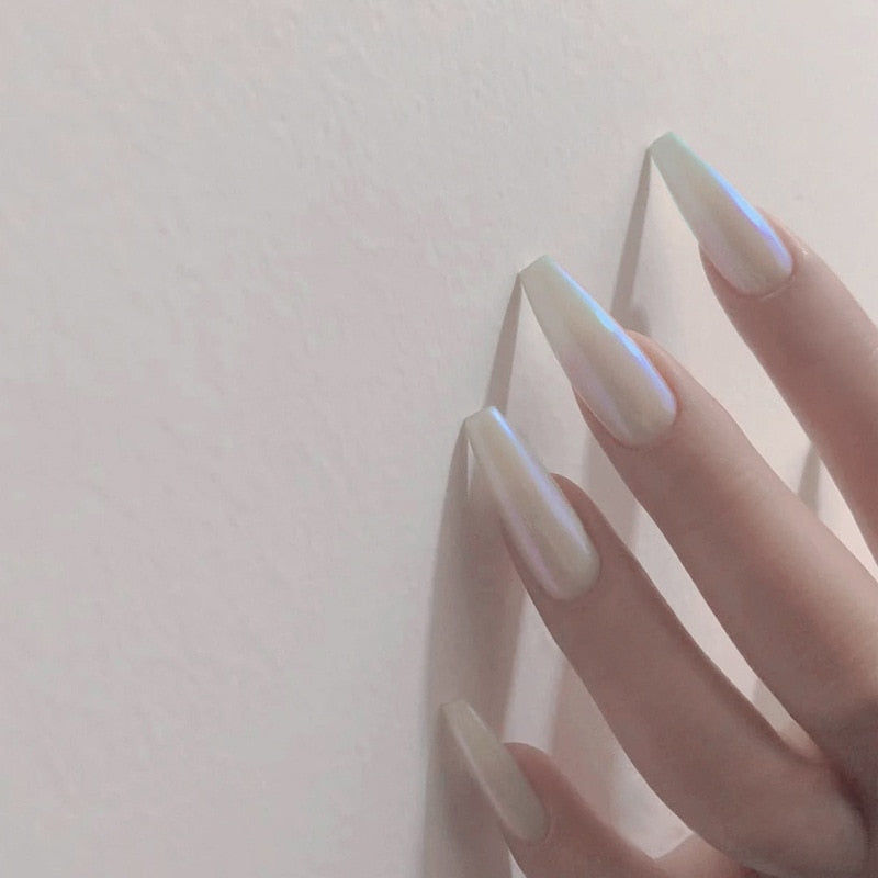 24PCS/Box Pearl Powder Milk White False Nails Round Head with Glue Long Ballet Wearable Fake Nails Full Cover Press on Nail Tips