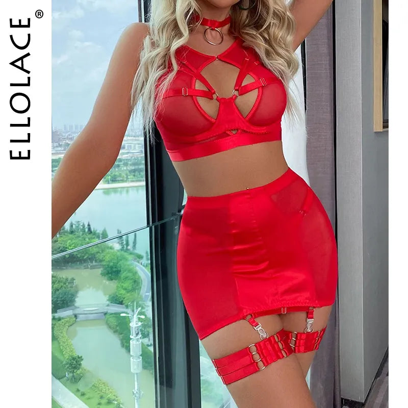 Red Lingerie 5-Pieces Fancy Underwear Sexy Women Uncensored Transparent Bra Garters Briefs Sets Bandage Sex Outfits