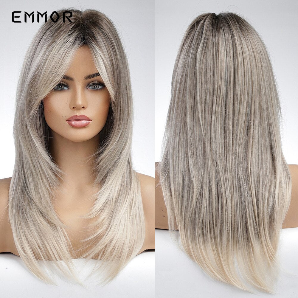 Synthetic Wigs Ombre Pink Brown Wig With Bangs Layered Hair Cosplay Daily Party Natural Heat Resistant Wigs for Women