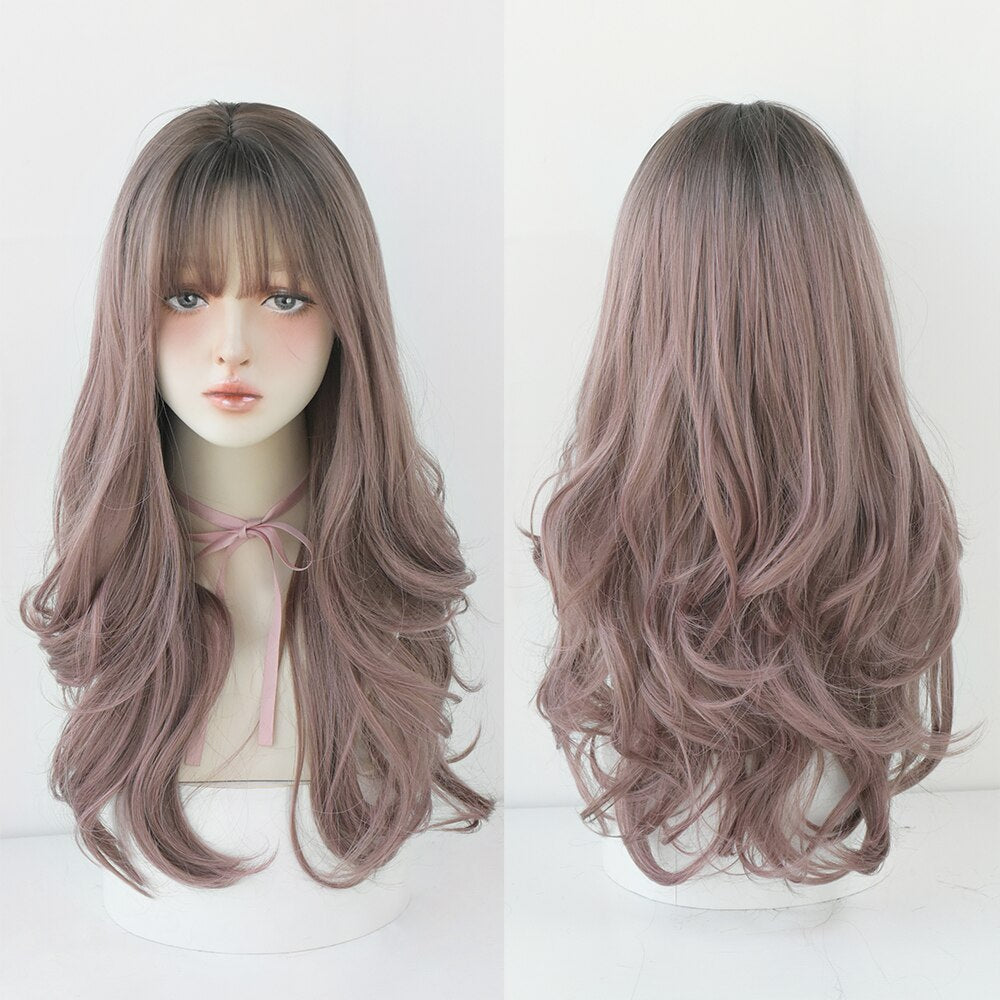 Long Curly Hair Women Wig with Bangs Daily Brown Black Pink Lolita Cosplay Braided Wigs Heat Resistant Fiber