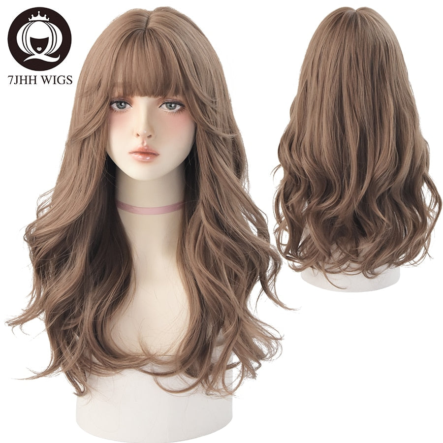 WIGS Brown Ash Long Deep Wave Hair Lolita Wigs With Bangs Synthetic Wig For Women Thick Curls Wigs
