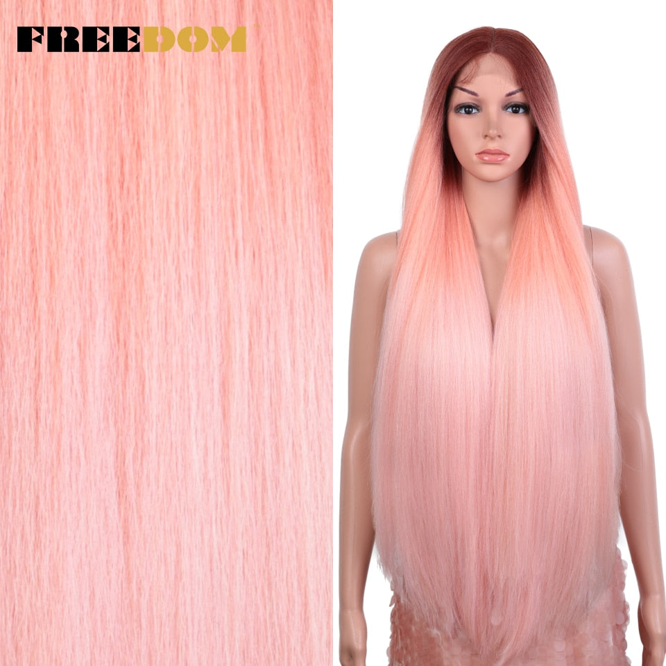 Straight Synthetic Lace Wigs For Women Ombre Brown Handtied Lace Wig 36 Inch Middle Part Long Blue Pink Cosplay Wig