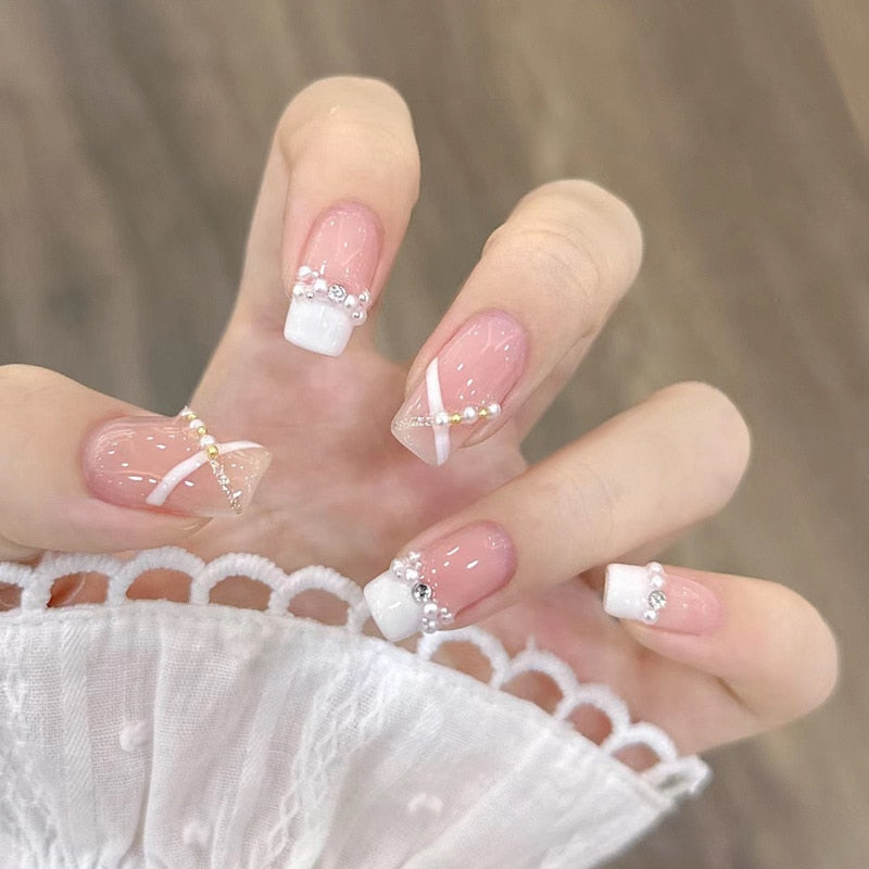 24pcs Butterfly decorated false nails Removable Long Paragraph Manicure fake nail tips full cover acrylic for girls nail