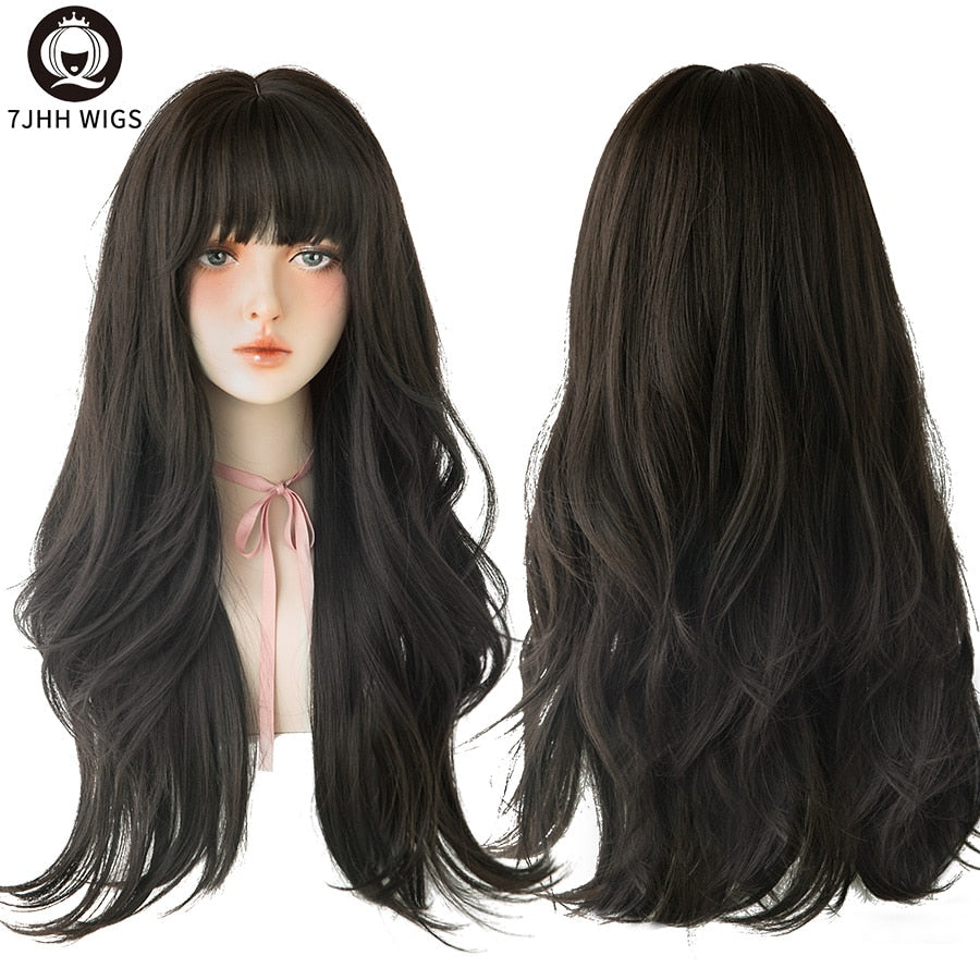 WIGS Brown Ash Long Deep Wave Hair Lolita Wigs With Bangs Synthetic Wig For Women Thick Curls Wigs