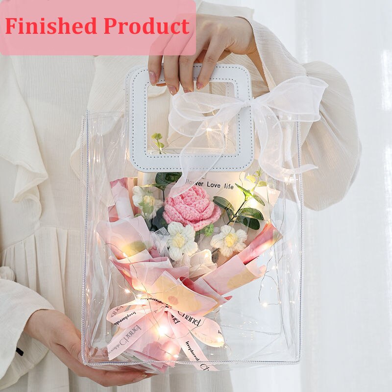 Finished Product Knitting Flowers Rose Tulip Fake Flowers Bouquet Wedding Decoration Hand-woven Home Decorate Knit Flower Gifts