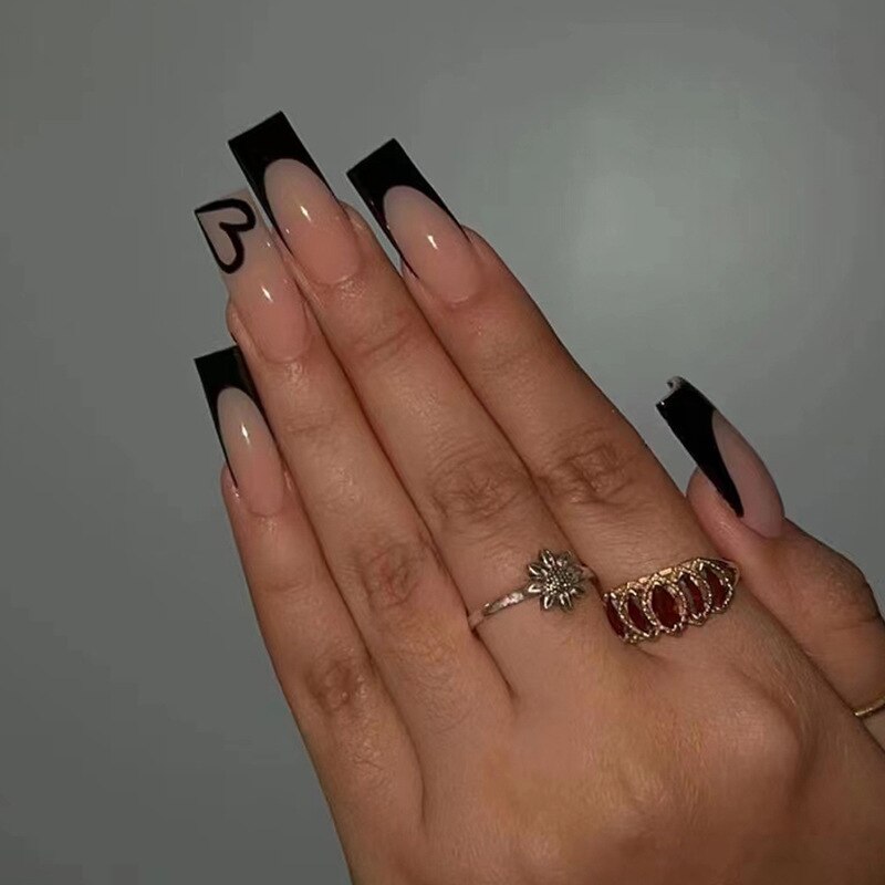 24pcs False Nails with glue flower design Long Coffin French Ballerina Fake Nails Full Cover acrylic Nail Tips Press On Nails