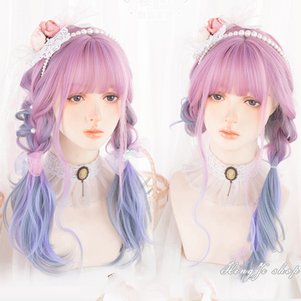 Synthetic long wavy curly hair female cold brown black cosplay Lolita pink purple blue wig heat-resistant bangs