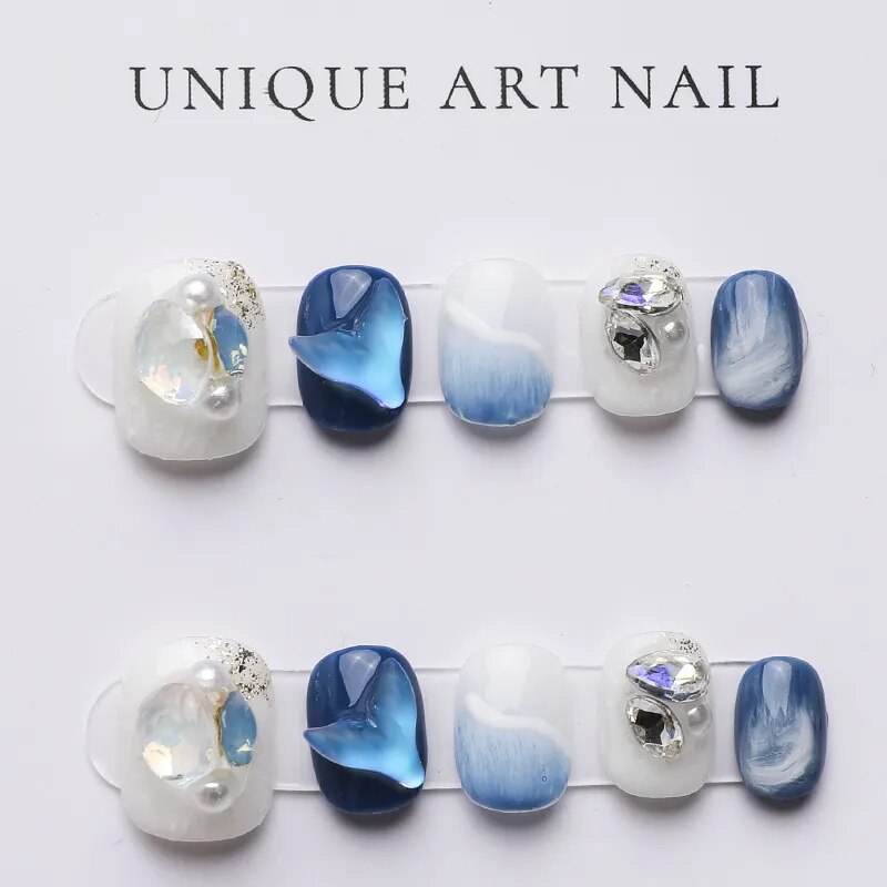 Blue Whale Handmade Wearable Fake Nails Mermaid Ocean Wearing Nails Sticker Reusable Press On Nail Patches Decoration