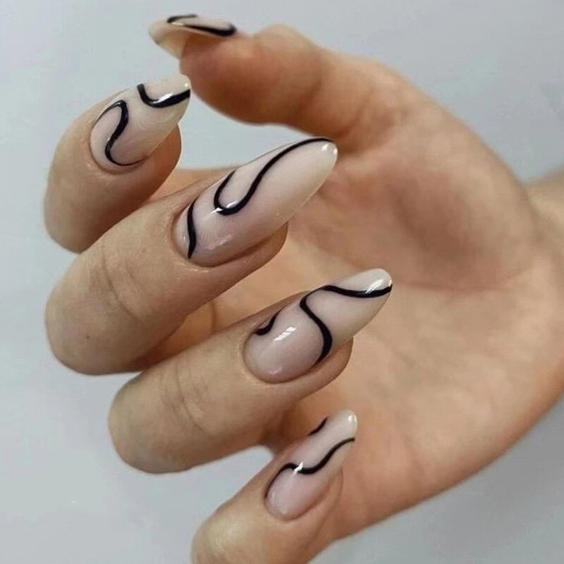 24pcs Almond Full Cover y2k black Sweet Fake Nails with glue cool Stiletto press on nails French artificial Nails With designs