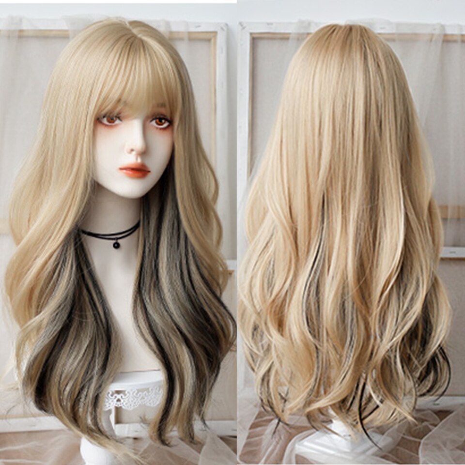 synthesis Long wavy curly girl blonde gradient pink Lolita cosplay curly bangs party wig