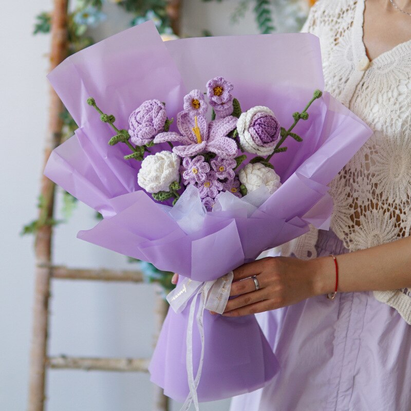 Knitting Flowers Rose Tulip Artificial Fake Flowers Bouquet Wedding Decoration Hand-woven Home Decorate Knit Fake Flower Gifts
