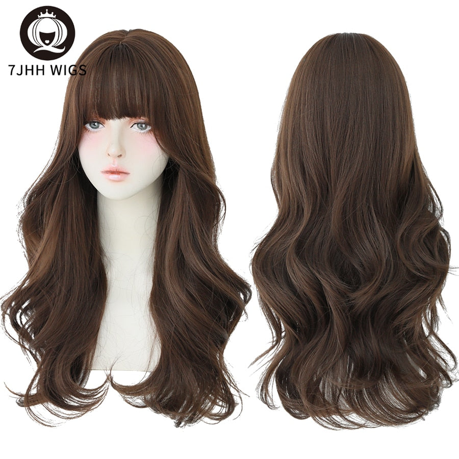 WIGS Brown Ash Long Deep Wave Hair Lolita Wigs With Bangs Synthetic Wig For Women Thick Curls Wigs