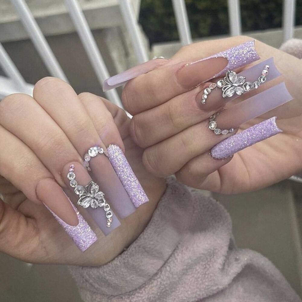 24Pcs Long Ballet False Nails Gentle Ribbon French with Rhinestones Wearable Full Cover Fake Nails Nude Press on Nails Tips Art