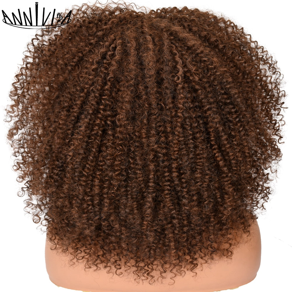 Curly Afro Wigs For Black Women Short Kinky Curly Wigs With Bangs 16inch Brown Afro Hair Synthetic Fibre Glueless Cosplay Hair