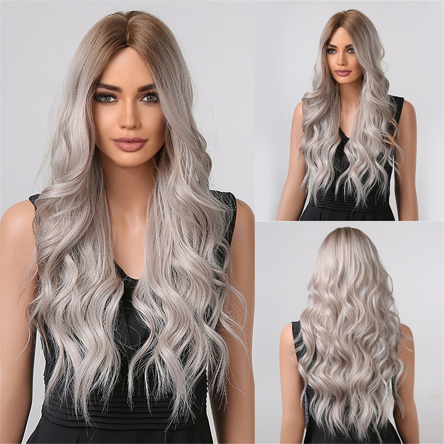 Brown to Light Blonde Ombre Platinum Synthetic Wig for Women Long Wavy Middle Part Hair Wig Cosplay Natural Heat Resistant