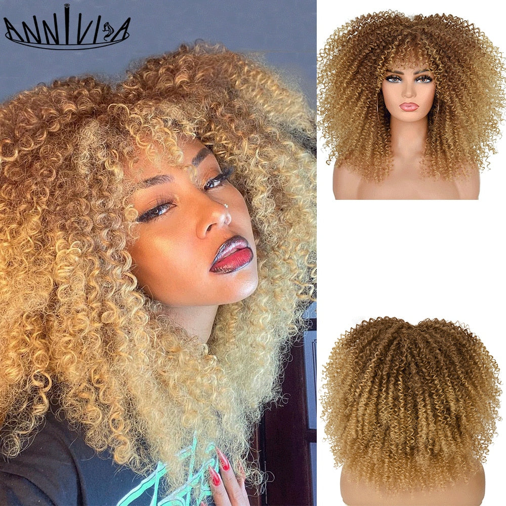 Curly Afro Wigs For Black Women Short Kinky Curly Wigs With Bangs 16inch Brown Afro Hair Synthetic Fibre Glueless Cosplay Hair