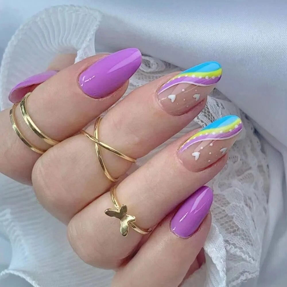 24pcs Detachable Heart False Nails Almond Oval Wearable Fake Nails Full Cover Nail Tip Acrylic Nail Art Tool Press on Nails
