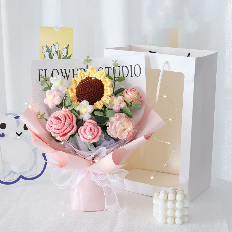 Knitting Flowers Rose Tulip Artificial Fake Flowers Bouquet Wedding Decoration Hand-woven Home Decorate Knit Fake Flower Gifts