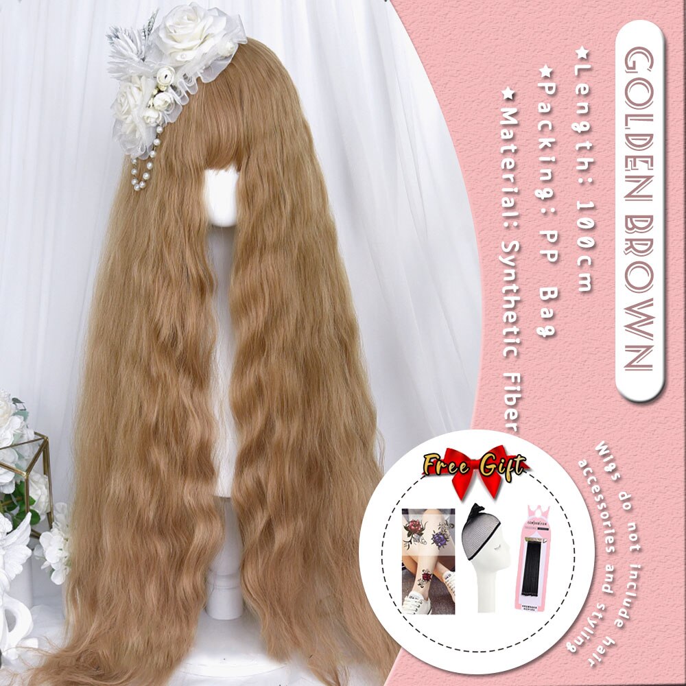 Extra Long Curly Hair with Bangs Cosplay Party Lolita Synthetic Wigs Heat Resistant Fiber